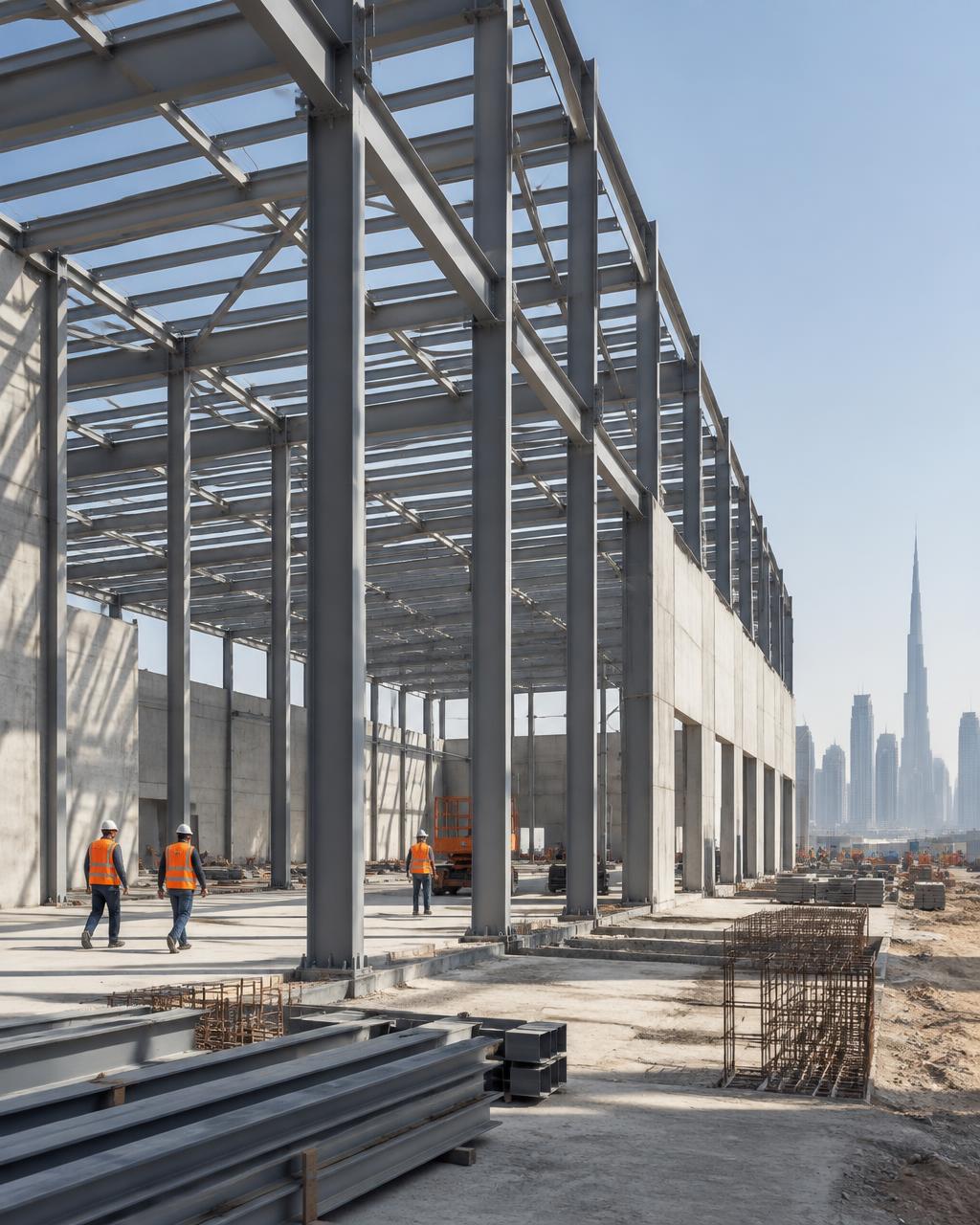Industrial steel structure under construction in Dubai